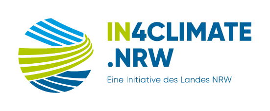 Blau-Grünes IN4Climate.NRW Logo mit Claim.