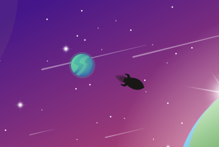 Weltraumszene mit Erde, Mond, Satelliten und Sternenhimmel vor violettem Hintergrund.