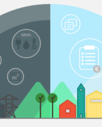 Halbkreis-Infografik mit dunkler Industrie- und heller Wohnlandschaft, Symbolen für Energie, Dokumente und Geld.