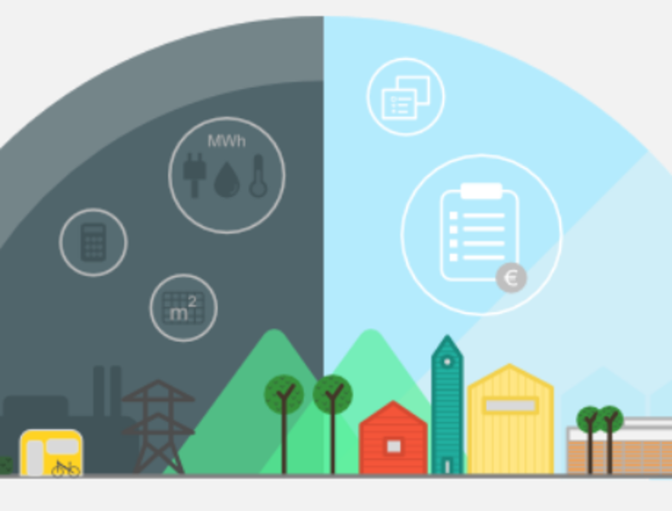 Halbkreis-Infografik mit dunkler Industrie- und heller Wohnlandschaft, Symbolen für Energie, Dokumente und Geld.