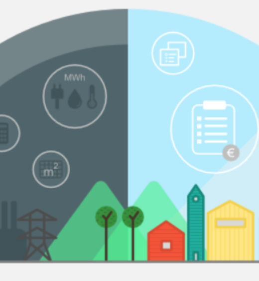 Halbkreis-Infografik mit dunkler Industrie- und heller Wohnlandschaft, Symbolen für Energie, Dokumente und Geld.