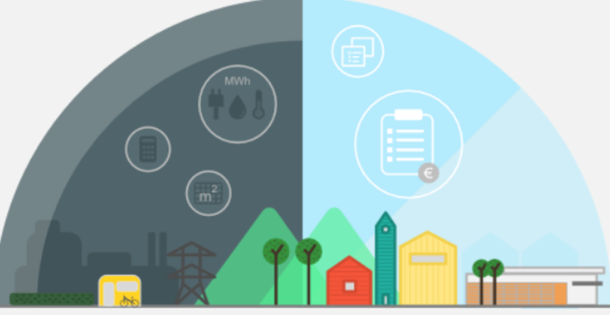Halbkreis-Infografik mit dunkler Industrie- und heller Wohnlandschaft, Symbolen für Energie, Dokumente und Geld.