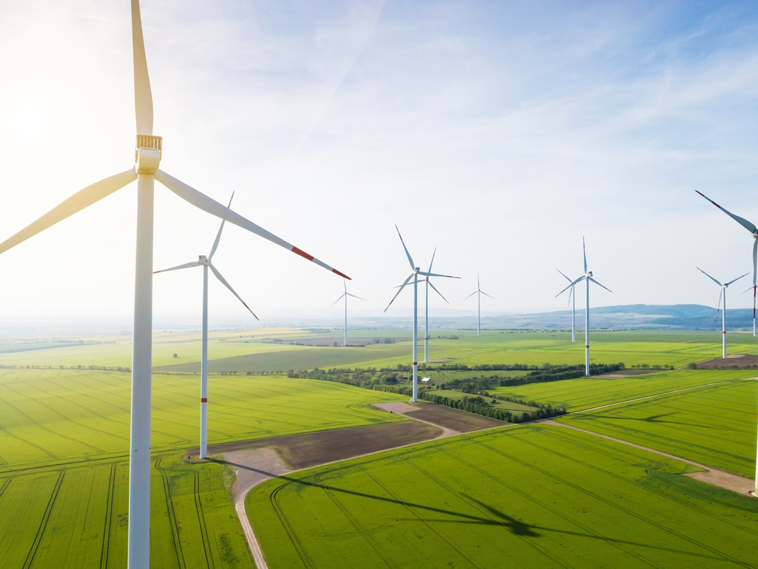 Luftaufnahme von grünen Feldern und Windrädern