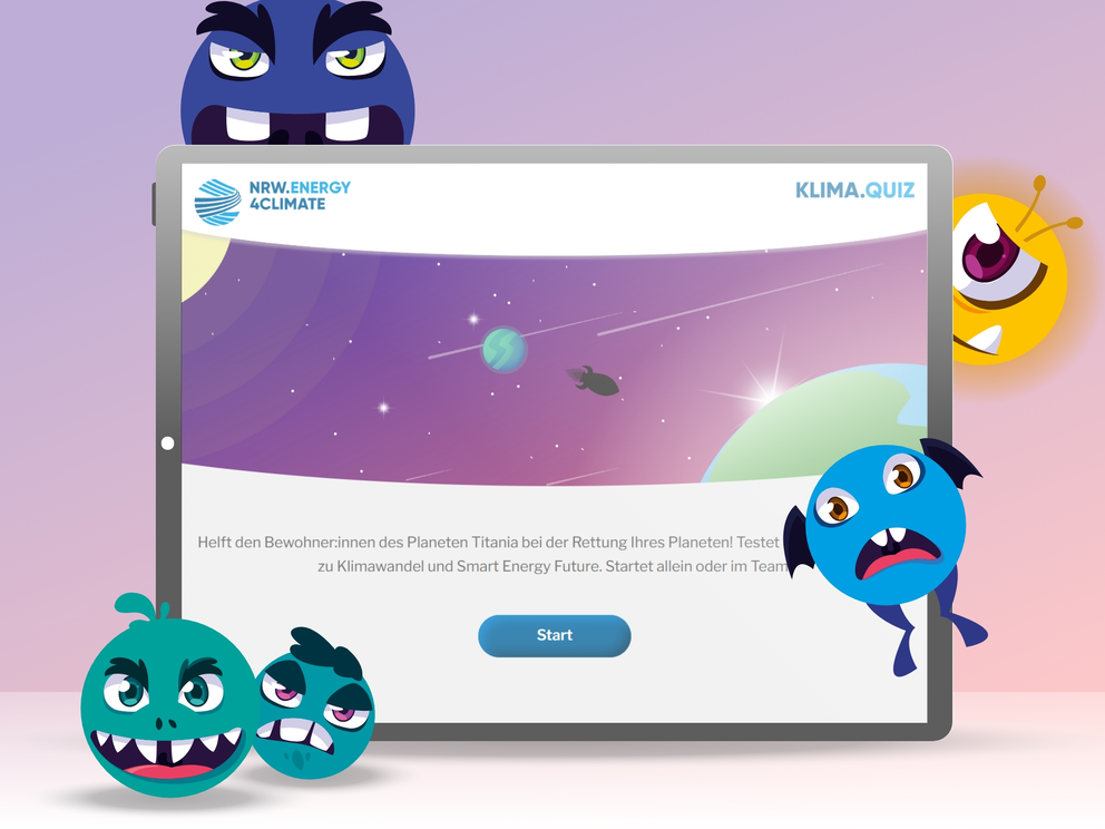 Tablet mit Startbildschirm eines Klima-Quiz, umgeben von fünf bunten Comic-Monstern mit unterschiedlichen Gesichtsausdrücken