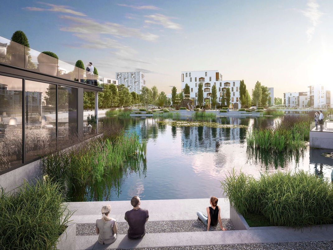 Digitales Modell der Seestadt Mönchengladbach: drei Personen sitzen an einem See, im Hintergrund Gebäude