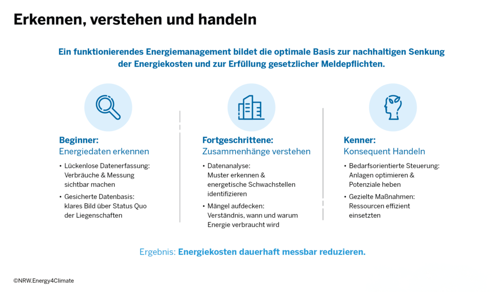 Infografik mit drei Spalten zu Energiekompetenz: "Beginner" mit Lupe, "Fortgeschrittene" mit Gebäude und "Kenner" mit Kopfprofil, jeweils mit Stichpunkten zu Energieerkennung, -verständnis und -handeln.