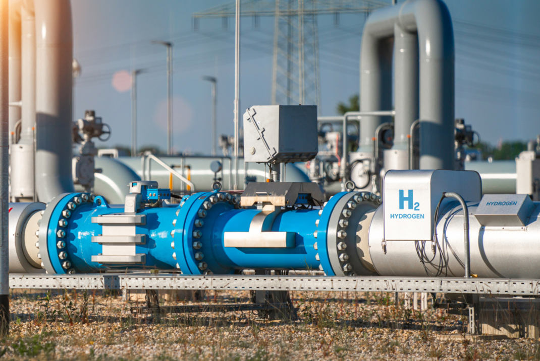Blaue und weiße Rohrleitungen mit Ventilen und einem weißen Kasten mit der Aufschrift 'H2 HYDROGEN' in einer Industrieanlage unter blauem Himmel.
