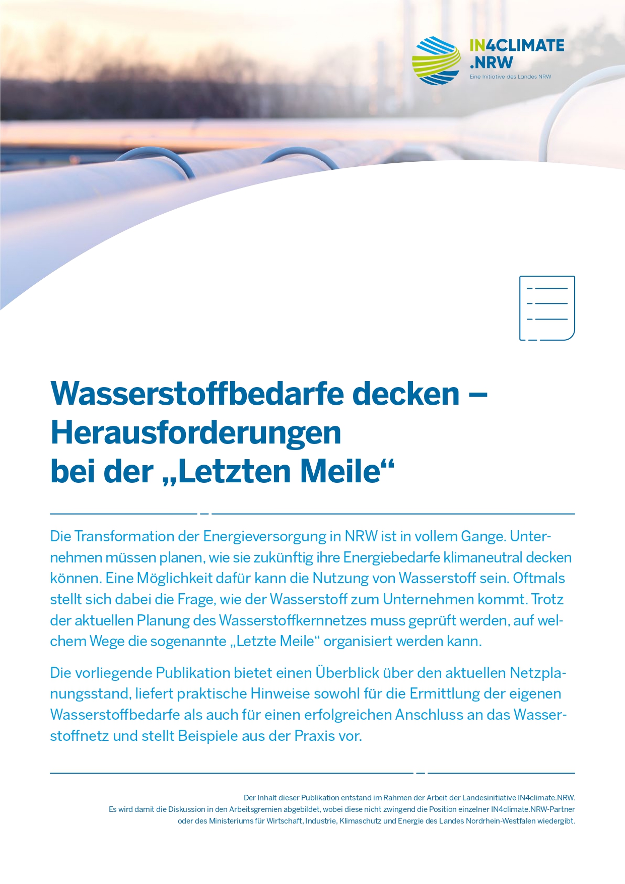 Coverseite der Publikation "Wasserstoffbedarfe decken ‒  Herausforderungen bei der „Letzten Meile“"